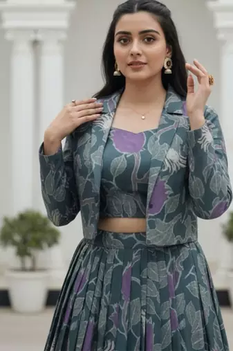 grey silk blend printed Navratri lehenga choli