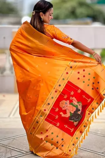 orange soft paithani style silk blend with meenakari border and lord ganesha pallu saree