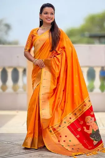 orange soft paithani style silk blend with meenakari border and lord ganesha pallu saree