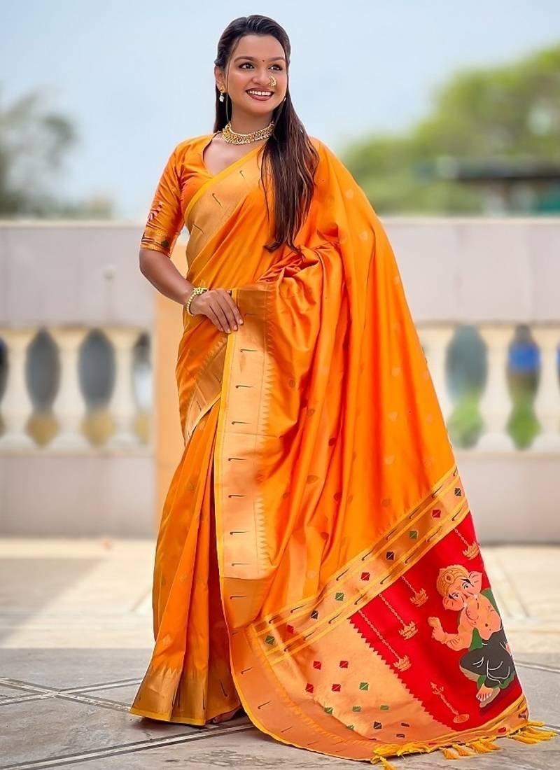 orange soft paithani style silk blend with meenakari border and lord ganesha pallu saree