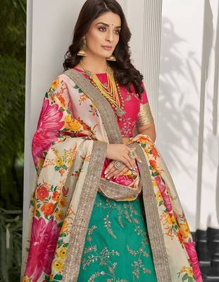 green art silk embroidered navratri lehenga choli with free size upto 42 3