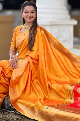 orange soft paithani style silk blend with meenakari border and lord ganesha pallu saree