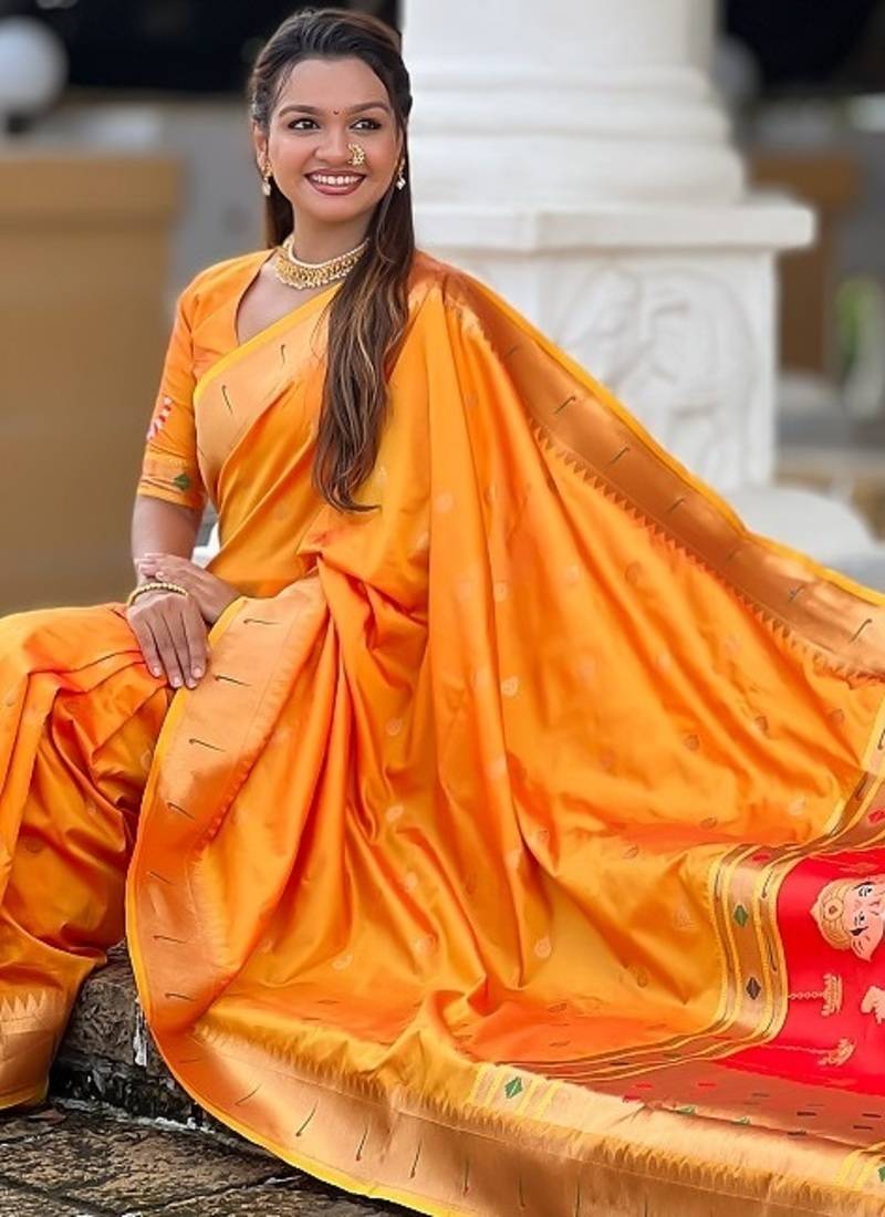 orange soft paithani style silk blend with meenakari border and lord ganesha pallu saree
