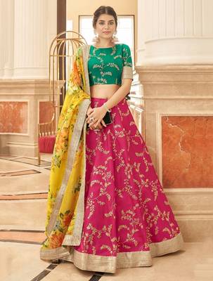 rani pink art silk embroidered Navratri lehenga choli 1