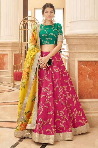 rani pink art silk embroidered navratri lehenga choli with free size upto 42