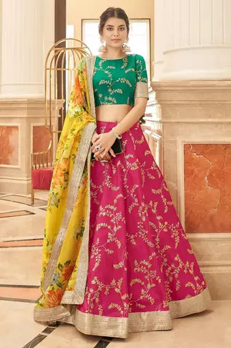 rani pink art silk embroidered Navratri lehenga choli