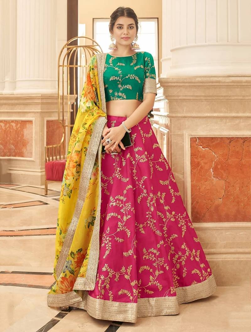 rani pink art silk embroidered Navratri lehenga choli