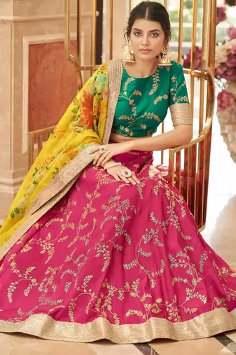 rani pink art silk embroidered Navratri lehenga choli