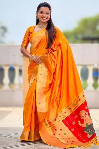 orange soft paithani style silk blend with meenakari border and lord ganesha pallu saree