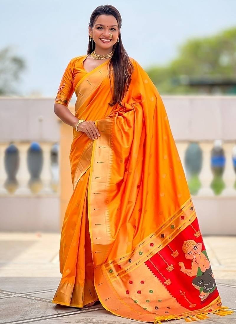 orange soft paithani style silk blend with meenakari border and lord ganesha pallu saree