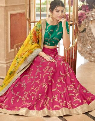 rani pink art silk embroidered Navratri lehenga choli 3