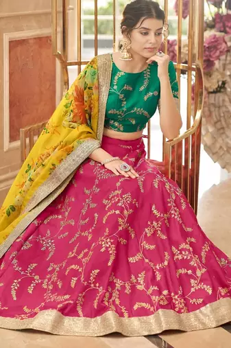 rani pink art silk embroidered Navratri lehenga choli