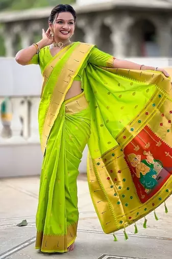 perrot green soft paithani style silk blend with meenakari border and lord ganesha pallu saree