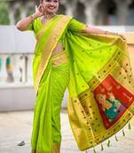 perrot green soft paithani style silk blend with meenakari border and lord ganesha pallu saree