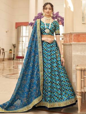 blue art silk embroidered wedding lehenga choli with free size upto 42 1