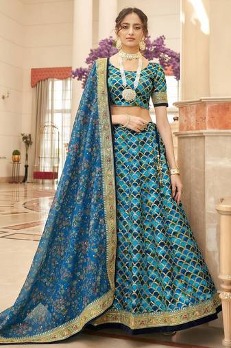 blue art silk embroidered wedding lehenga choli with free size upto 42