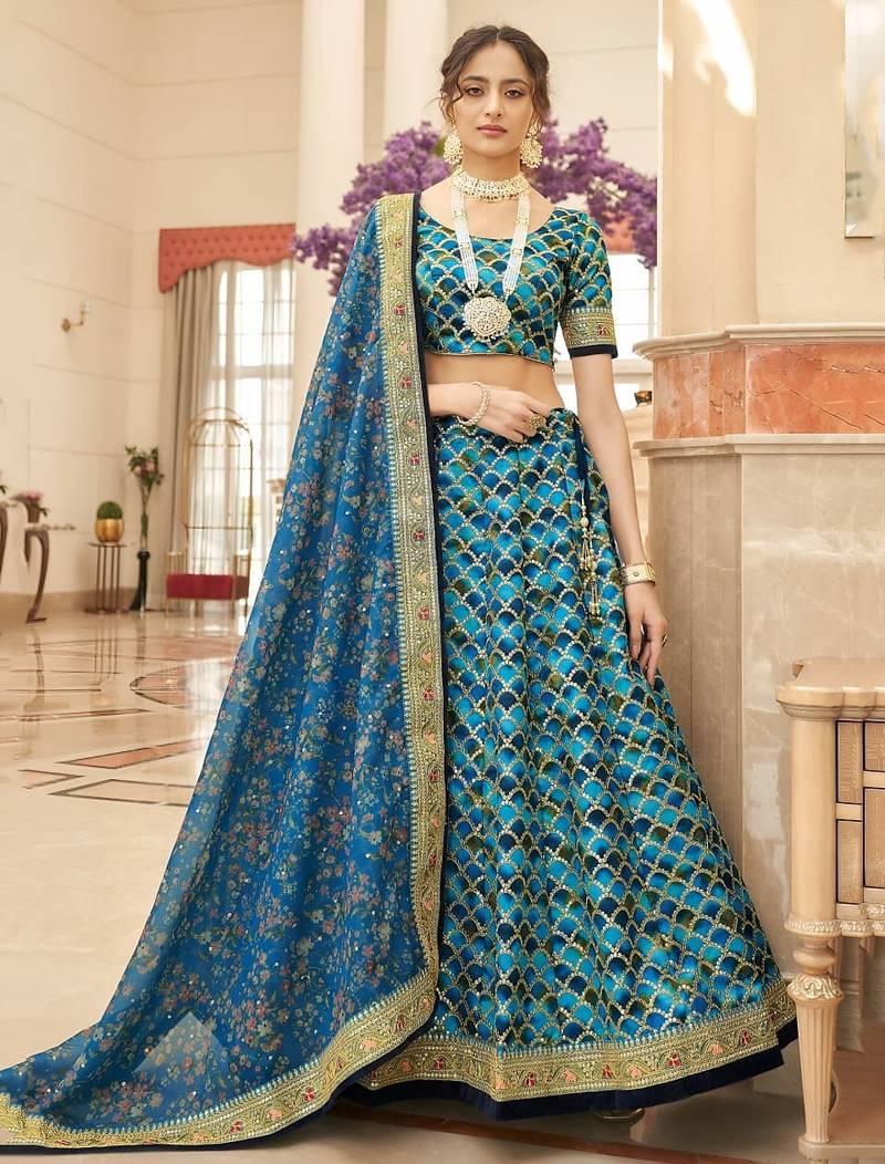 blue art silk embroidered Wedding lehenga choli
