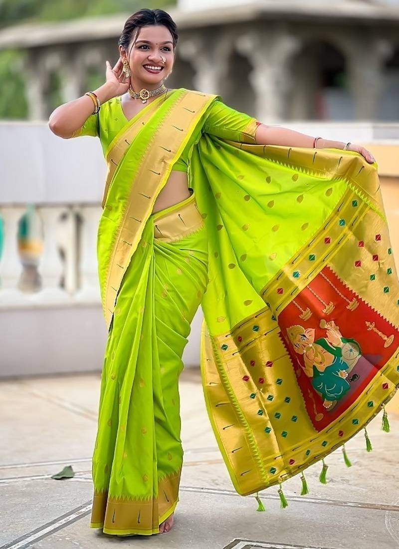 perrot green soft paithani style silk blend with meenakari border and lord ganesha pallu saree