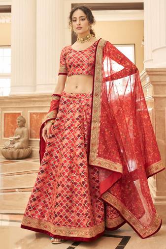 red art silk embroidered wedding lehenga choli with free size upto 42