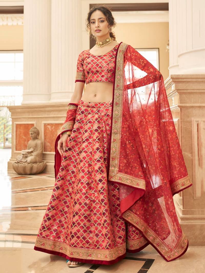 red art silk embroidered Wedding lehenga choli