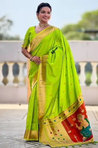 perrot green soft paithani style silk blend with meenakari border and lord ganesha pallu saree