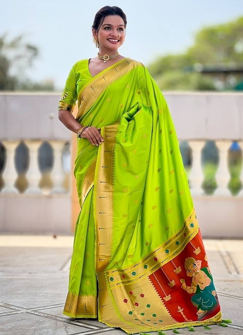 perrot green soft paithani style silk blend with meenakari border and lord ganesha pallu saree