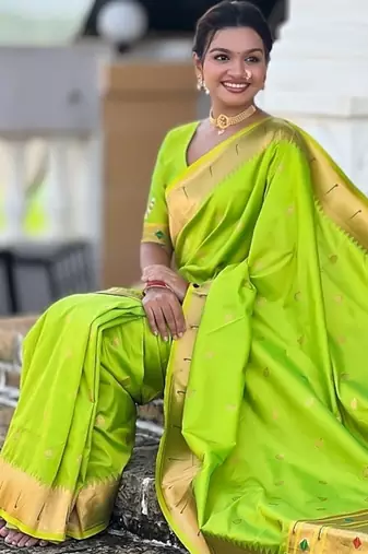 perrot green soft paithani style silk blend with meenakari border and lord ganesha pallu saree