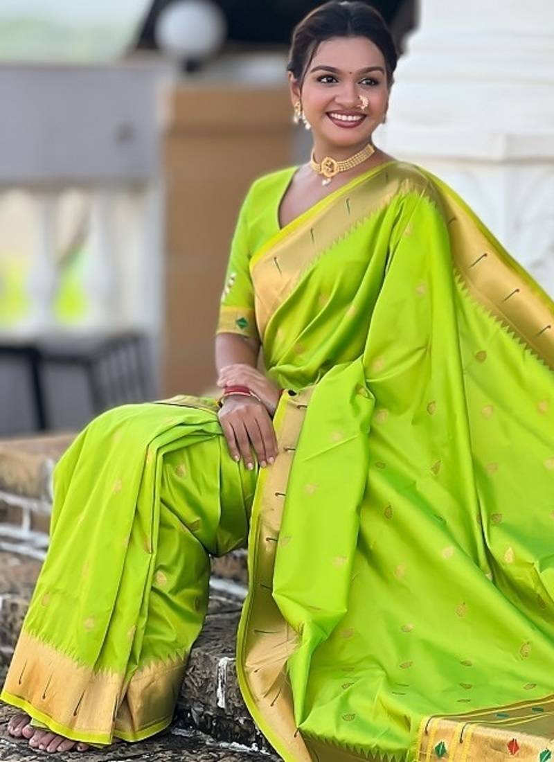 perrot green soft paithani style silk blend with meenakari border and lord ganesha pallu saree
