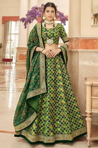 green art silk embroidered wedding lehenga choli with free size upto 42