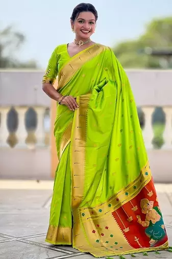 perrot green soft paithani style silk blend with meenakari border and lord ganesha pallu saree