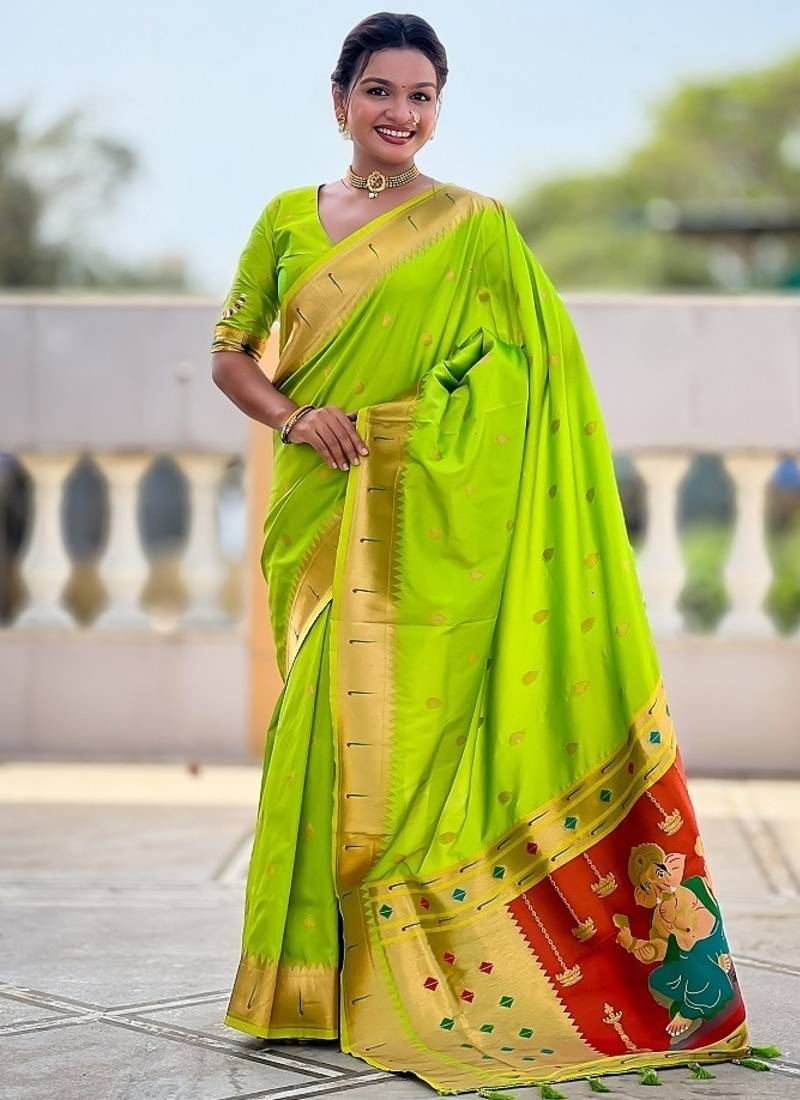 perrot green soft paithani style silk blend with meenakari border and lord ganesha pallu saree