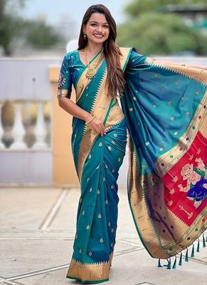 teal soft paithani style silk blend with meenakari border and lord ganesha pallu saree 1
