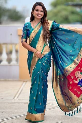 teal soft paithani style silk blend with meenakari border and lord ganesha pallu saree