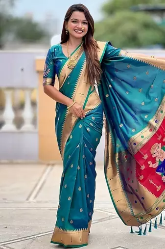 teal soft paithani style silk blend with meenakari border and lord ganesha pallu saree