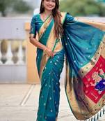 teal soft paithani style silk blend with meenakari border and lord ganesha pallu saree