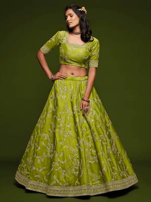 green art silk embroidered navratri lehenga choli with free size upto 42 1