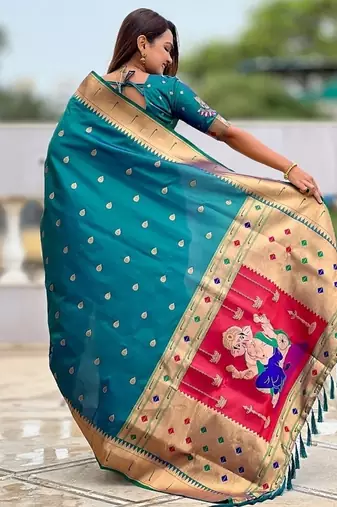 teal soft paithani style silk blend with meenakari border and lord ganesha pallu saree