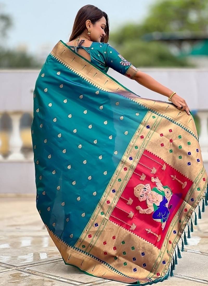 teal soft paithani style silk blend with meenakari border and lord ganesha pallu saree