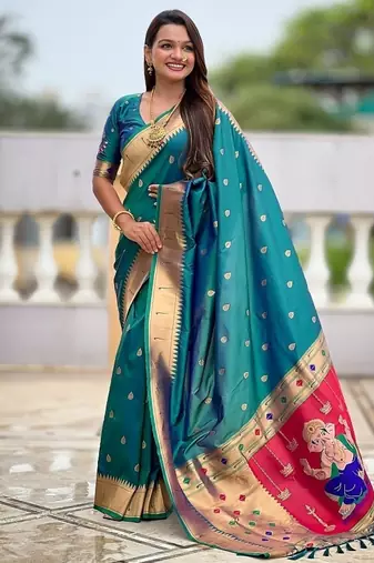 teal soft paithani style silk blend with meenakari border and lord ganesha pallu saree