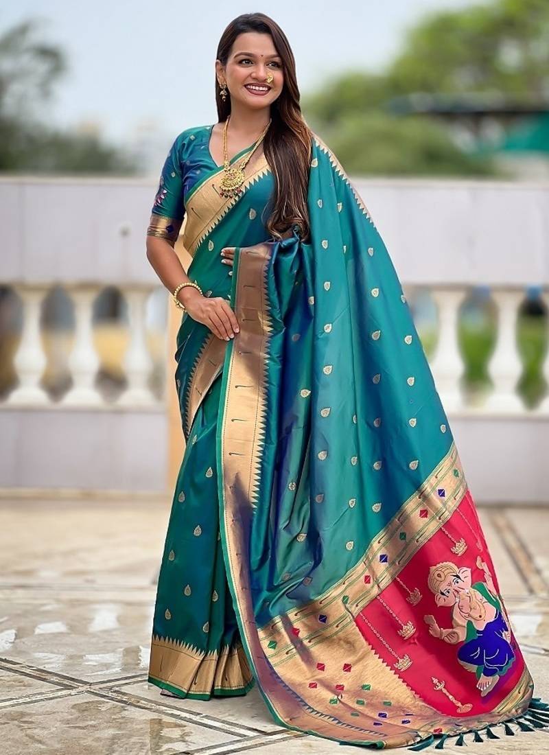 teal soft paithani style silk blend with meenakari border and lord ganesha pallu saree