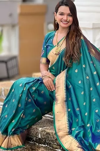 teal soft paithani style silk blend with meenakari border and lord ganesha pallu saree
