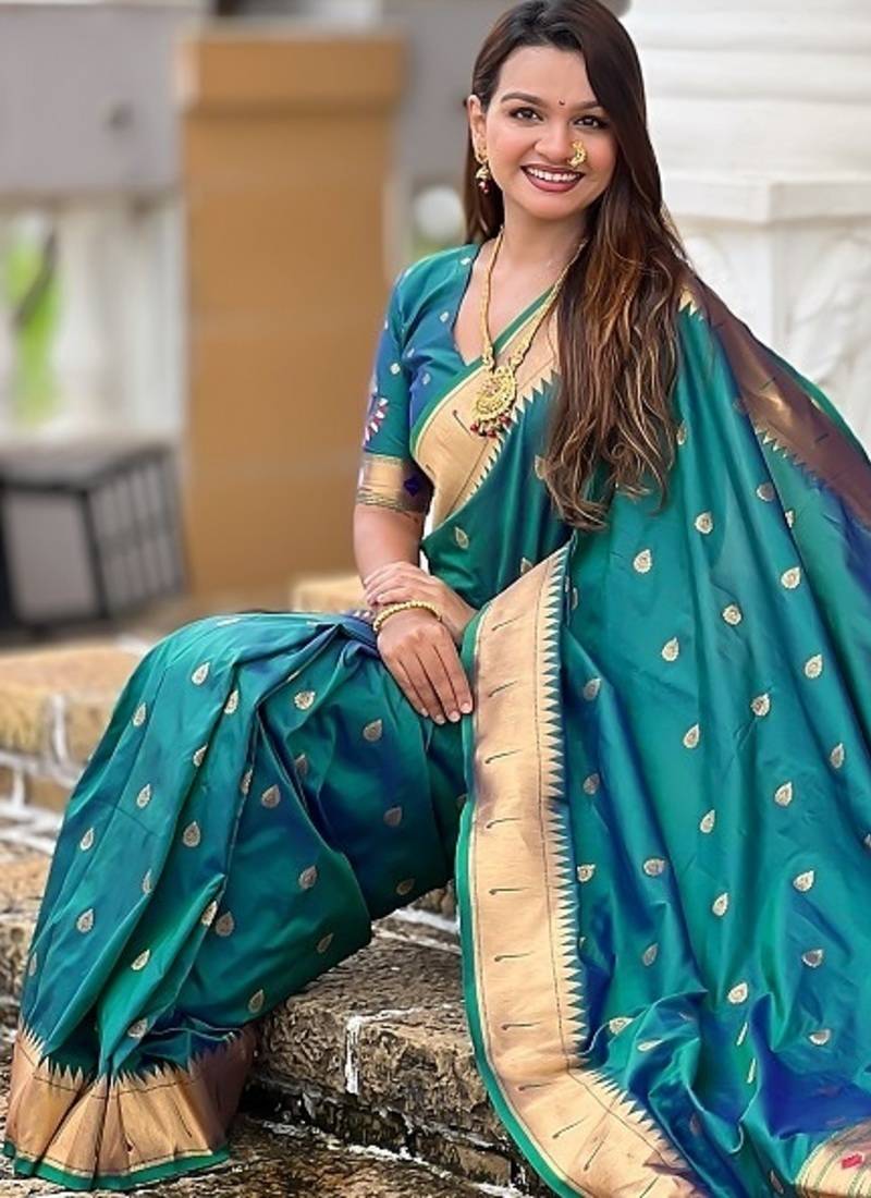 teal soft paithani style silk blend with meenakari border and lord ganesha pallu saree