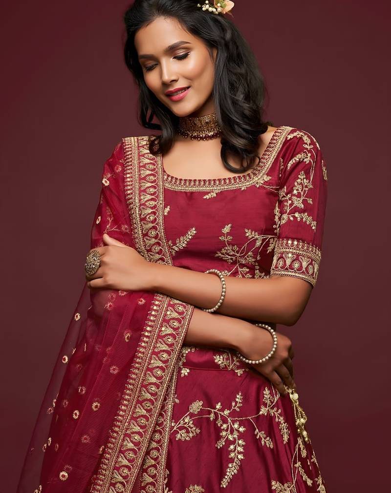 red art silk embroidered Navratri lehenga choli