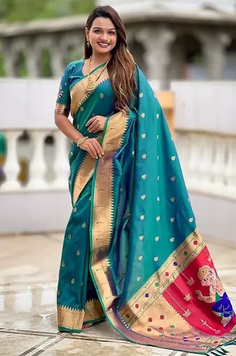 teal soft paithani style silk blend with meenakari border and lord ganesha pallu saree