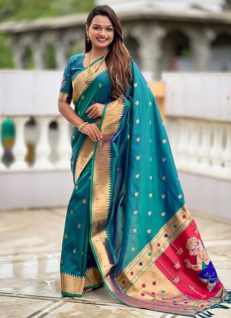 teal soft paithani style silk blend with meenakari border and lord ganesha pallu saree