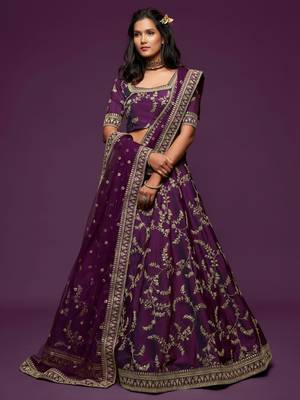 purple art silk embroidered navratri lehenga choli with free size upto 42 1