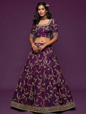 purple art silk embroidered navratri lehenga choli with free size upto 42 2