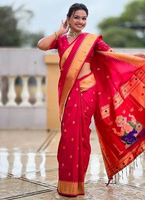 ranipink soft paithani style silk blend with meenakari border and lord ganesha pallu saree 1