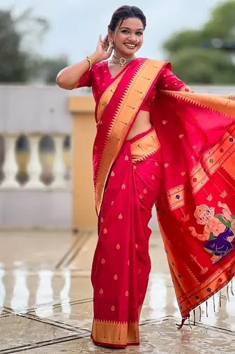 ranipink soft paithani style silk blend with meenakari border and lord ganesha pallu saree