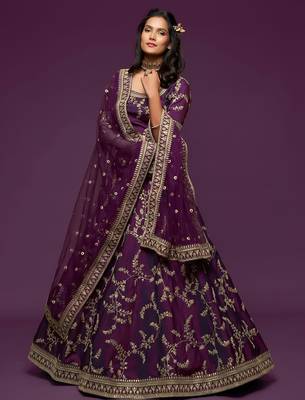 purple art silk embroidered navratri lehenga choli with free size upto 42 3